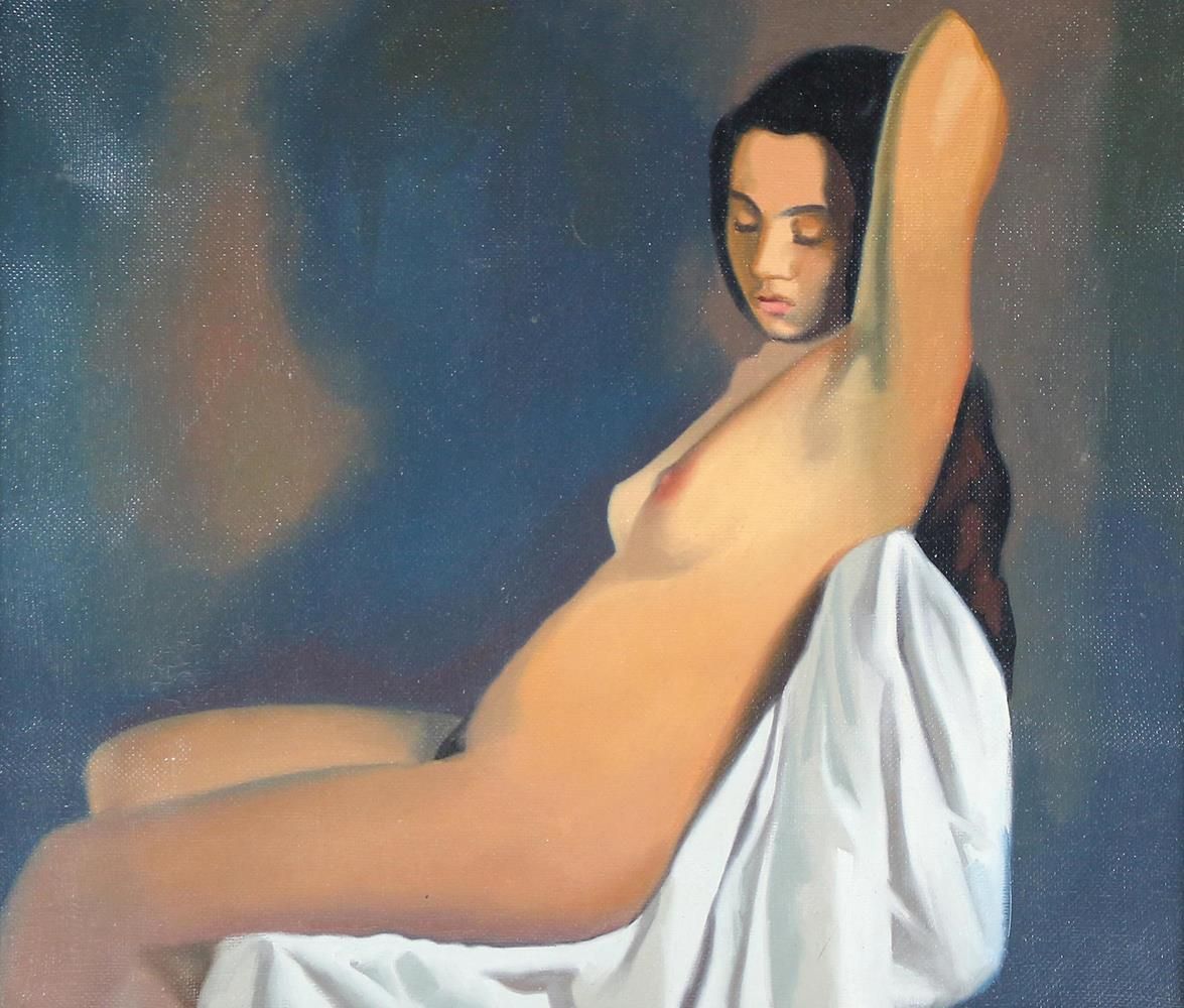 Kalitov, Boris Aleksandrovich (1945年俄罗斯)归属。坐着的女性裸体，闭着眼睛。布面油画。1995年。40 x 48厘米。背面有&hellip;