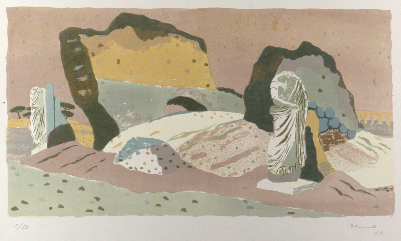 Ehrich, Otto (1897 Birnbaum - Lindenberg 1988)。景观与雕像。- 躺在沙发上的古代女子--静物花瓶和水果。3张(2色&hellip;