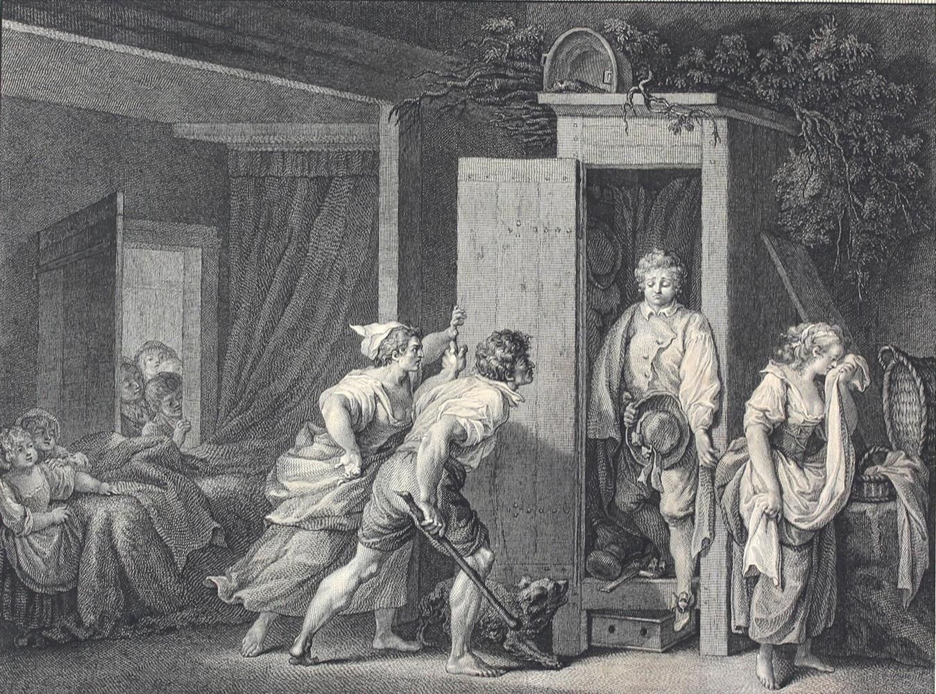 Launay, Robert de (1750 Parigi 1814). La Cachette Découverte. Acquaforte da J-H.&hellip;