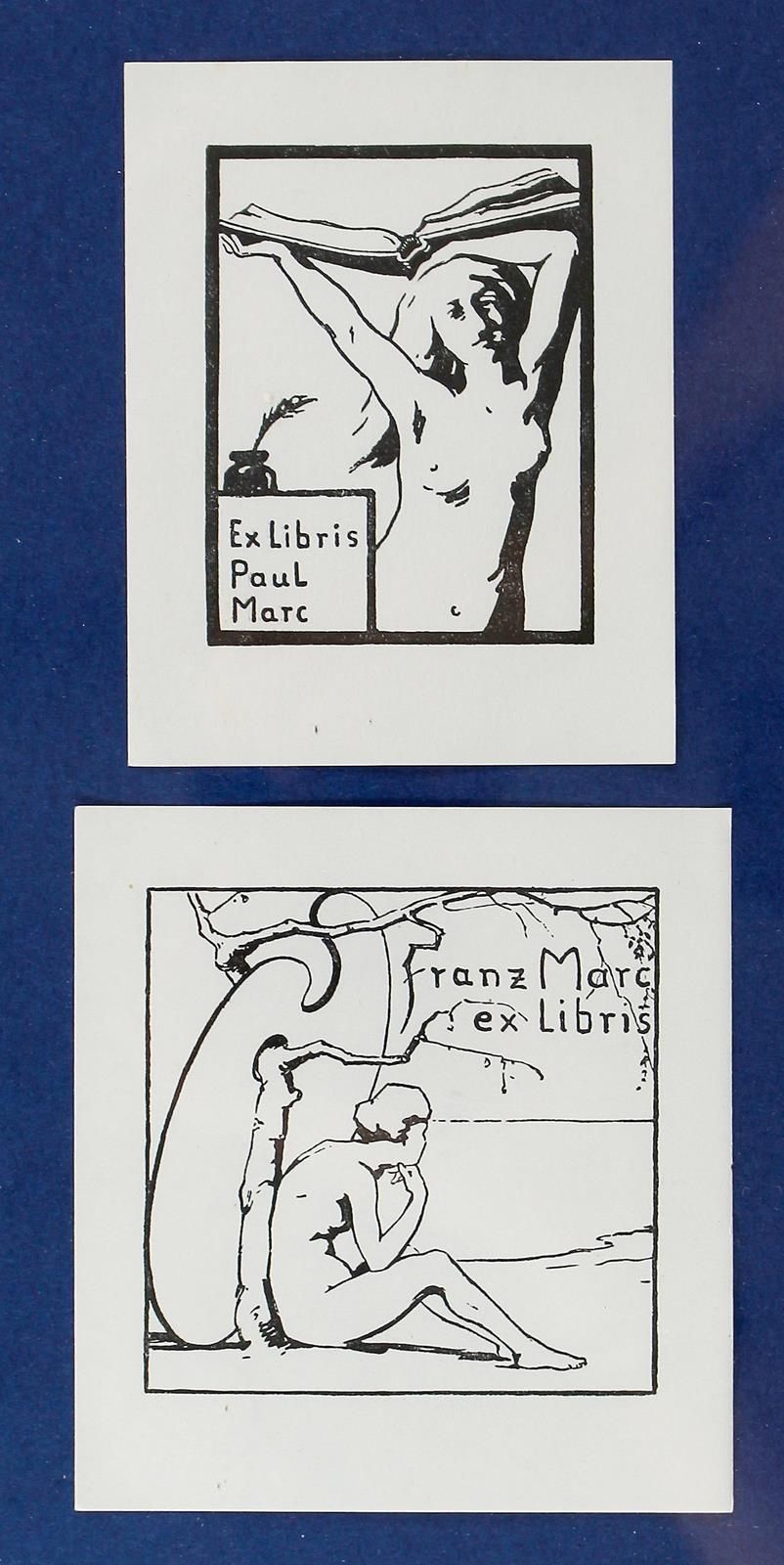 Marc, Franz (1880 Munich - Braquis 1916). 2 lithographed bookplates, 1904/05. "F&hellip;