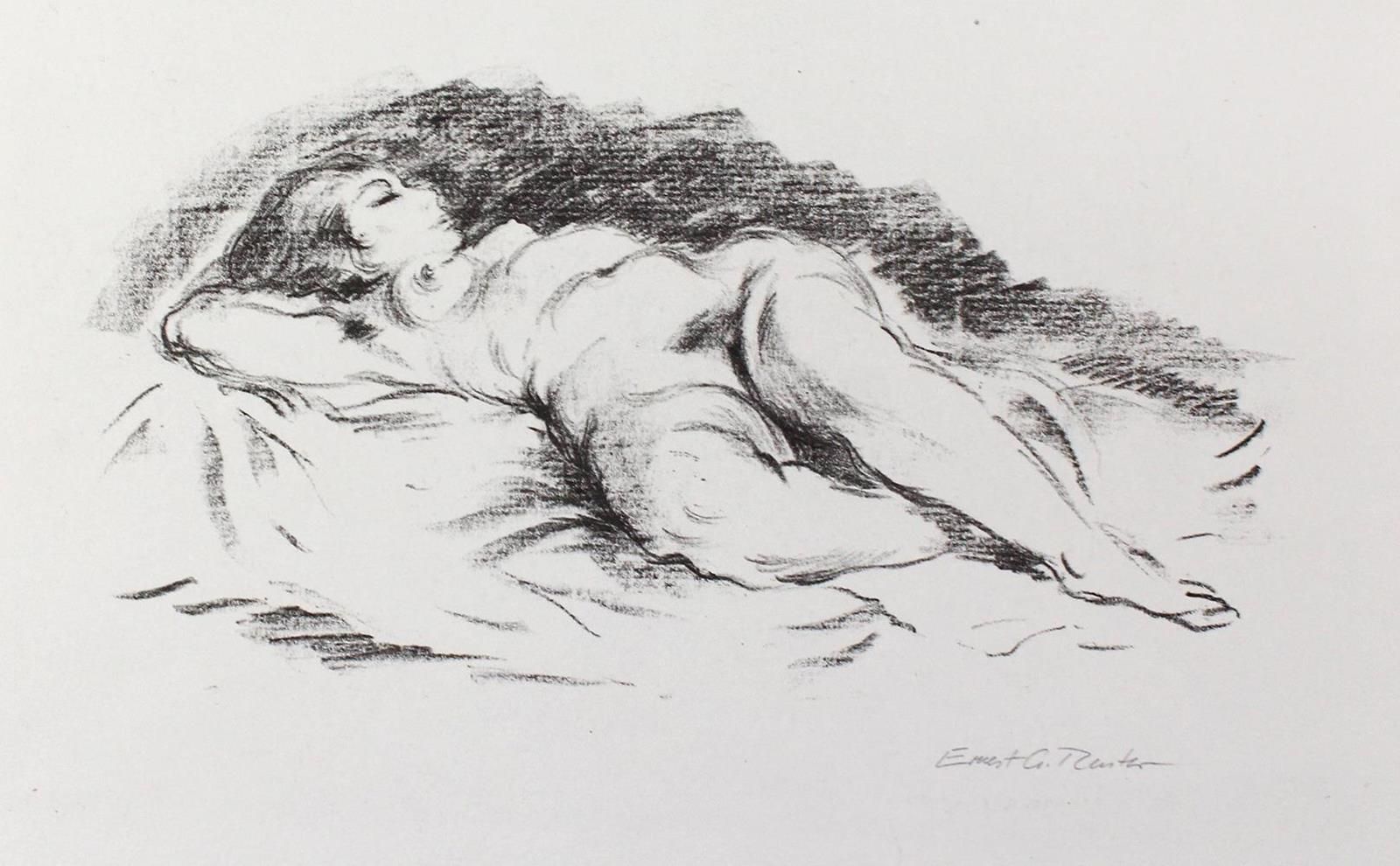 Reuter, Ernest G. (1933 Drebach)。躺着的女性裸体。石版画。约15×28.5，纸张尺寸37.5×50厘米。签名。附有椭圆形收藏印章&hellip;