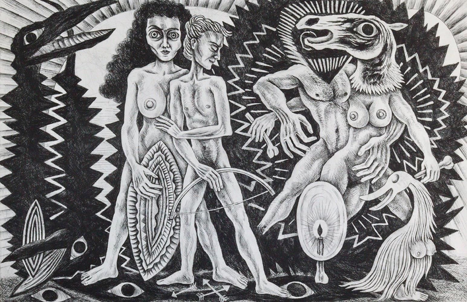 Habben, Franz Jürgen (1943年安纳伯格-托斯卡纳2020）。欲望。两对裸体夫妇与U.被动物面具包围。蚀刻。32,5 x 49,2，纸张尺&hellip;