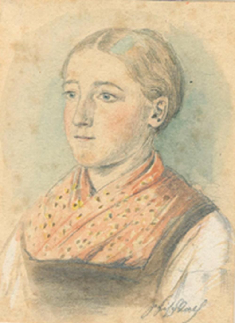 Fischbach, Johann Heinrich (1797-1871).一个女人的画像。纸上铅笔/水彩画，装在帕斯普下面。10 x 7厘米。右下角有签名，&hellip;