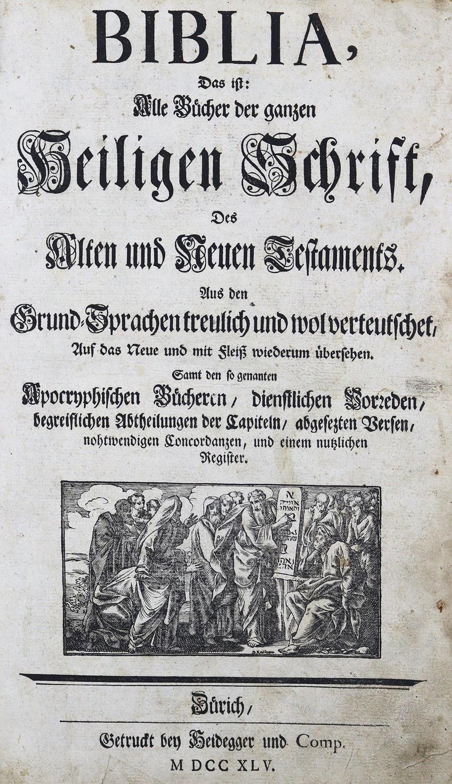 Biblia germanica. 圣经，即：整个圣经的所有书籍，旧约和新约。1卷中的3部分。苏黎世，Heidegger 1745年。有木刻标题图案。31页，6&hellip;