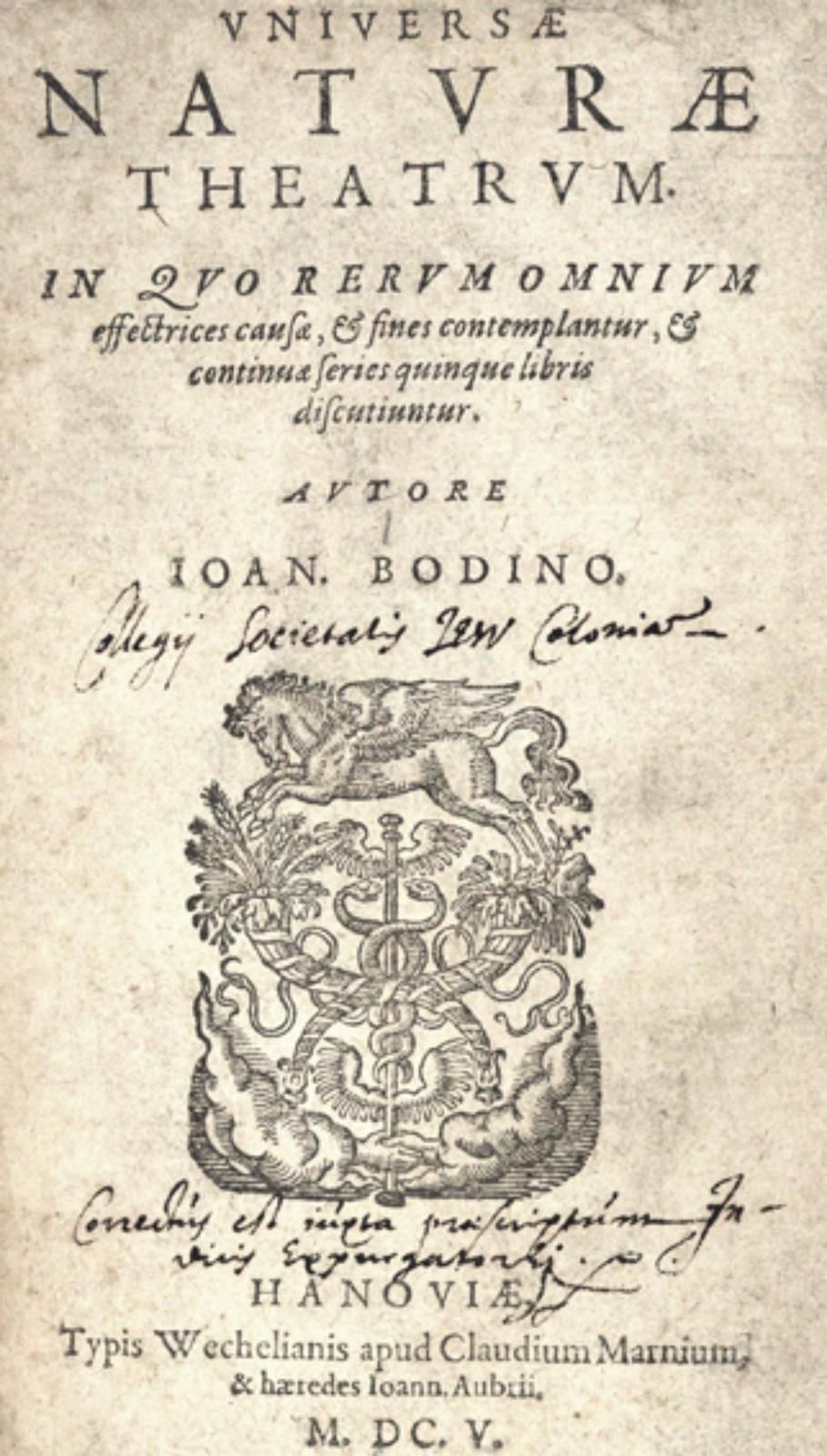 Bodin,J. 大自然剧场的故事哈瑙，Wechel für Marne u. Aubry Erben 1605。 背面有木刻印刷商的标记，文中有一些木刻。 8&hellip;