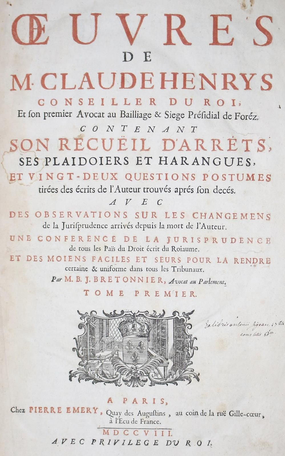 Bretonnier,M.B.J. Claude Henrys先生的作品，国王顾问。2卷。巴黎，Emery 1708。Ldrbde. D.鎏金边缘，带子。(部分&hellip;