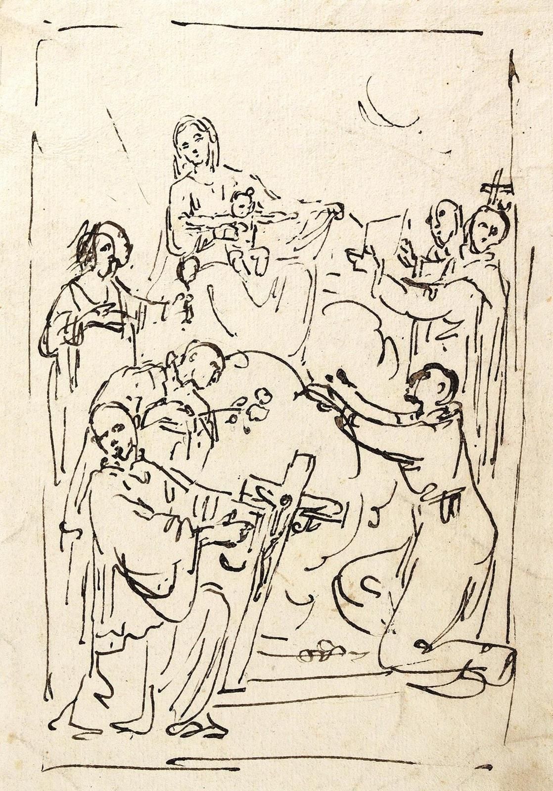 Vogeler, Heinrich (1872年不莱梅-1942年卡拉干达)归属。崇拜圣母。纸上水墨，约1895年。约20 x 13厘米。- 有轻微的折痕和褐色&hellip;
