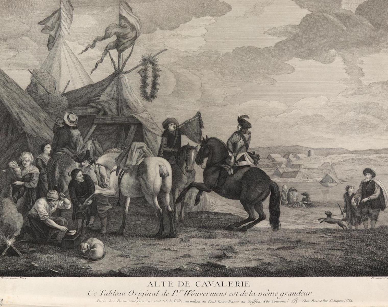 Alte de Cavalerie. 前景是铁匠在给一匹马穿鞋。博蒙特在P.沃弗曼斯之后绘制的版画。约30,5 x 44厘米。约1760年，R