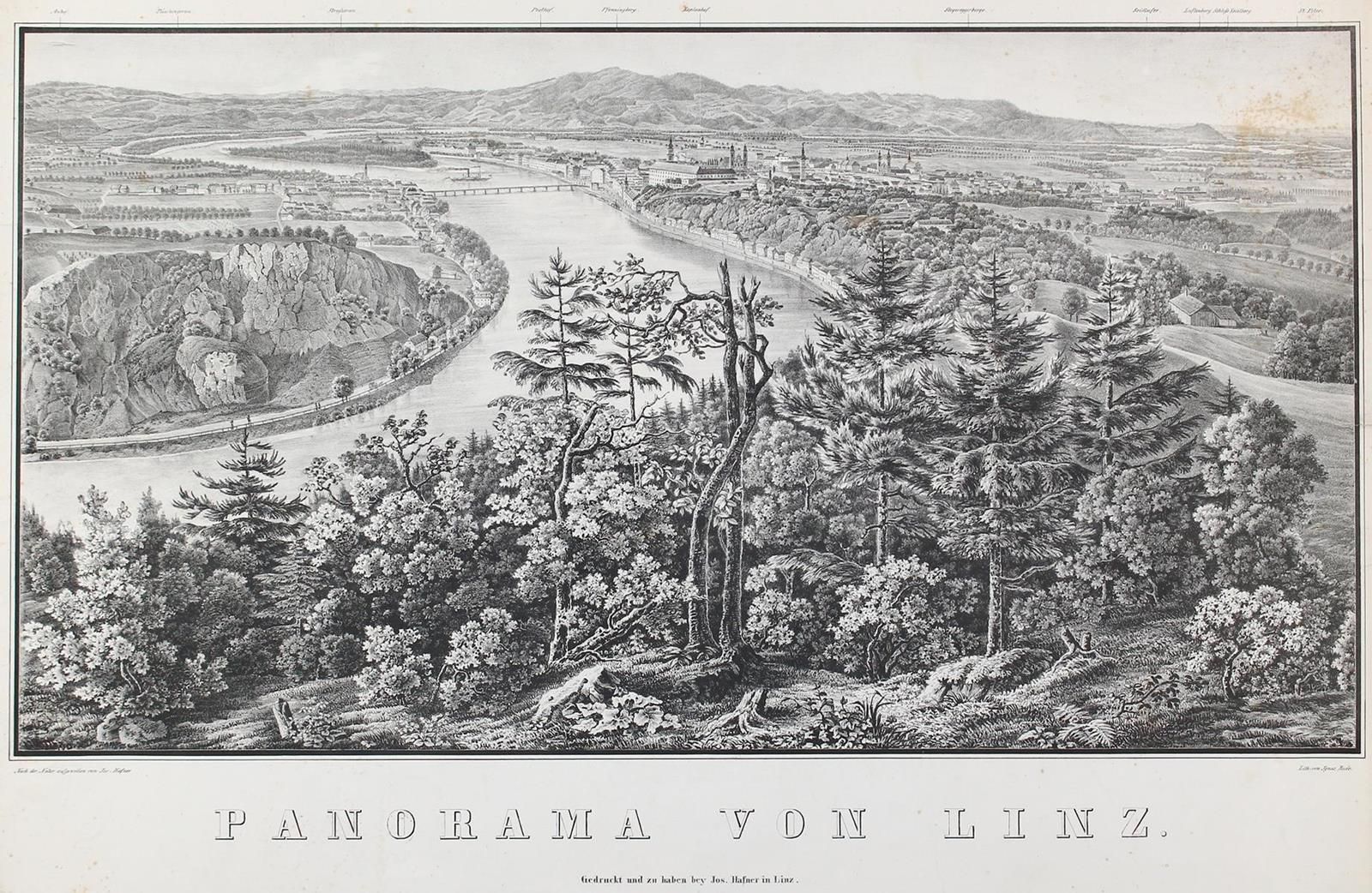 Linz. Panorama de Linz. Lithogr. Par I. Rode d'après et chez J. Hafner, vers 184&hellip;
