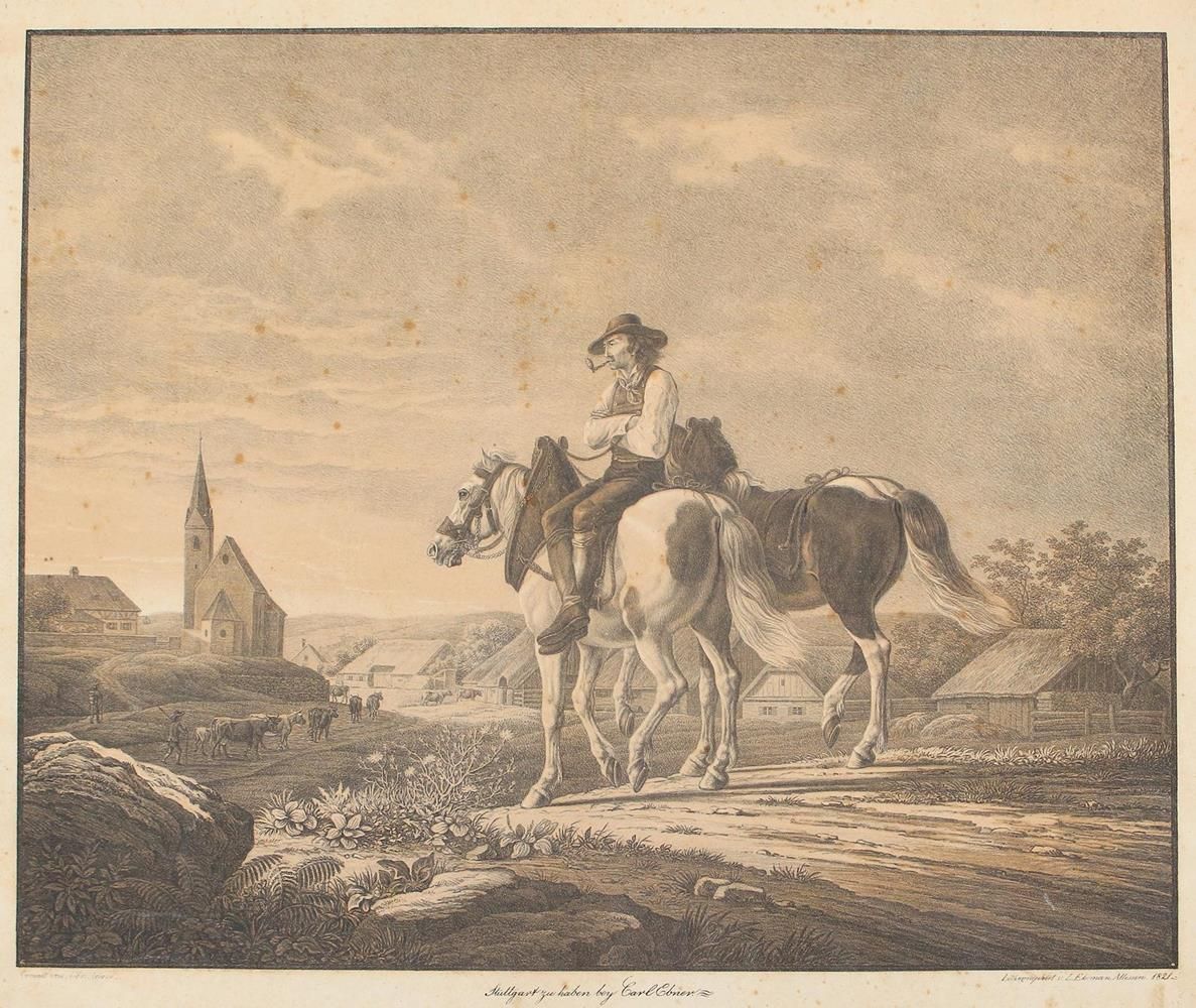 Allesson-Ekeman, Lorenz (1791年瑞典-1828年斯图加特)。带着两匹马的吸烟的乡下人在回村的路上。为卡尔-埃布纳绘制的阿尔布雷希特-&hellip;