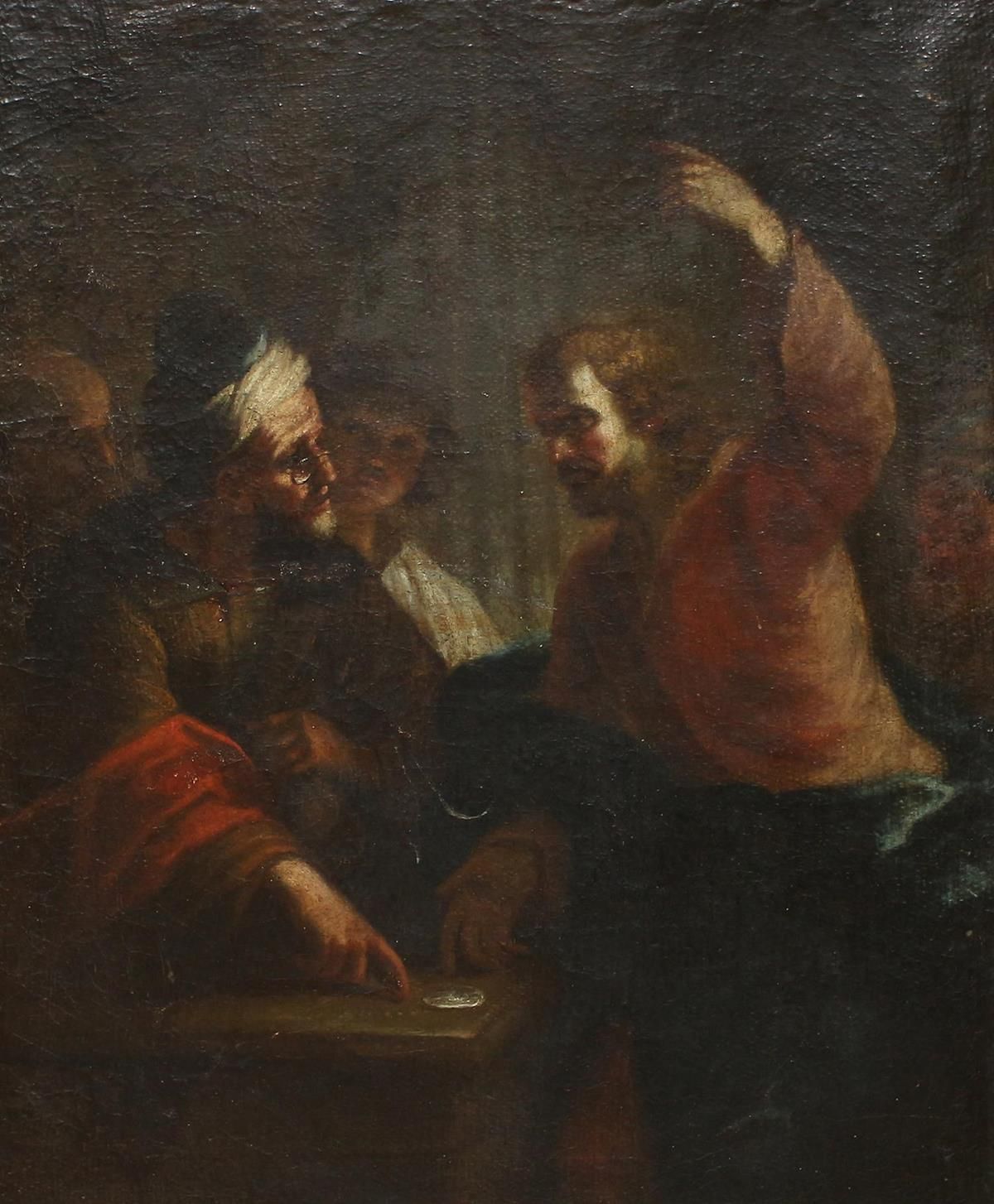 Anonymer Maler. Trade scene. Oil on canvas. 16th/17th c. 62, 5 x 47,7 cm. Craqul&hellip;