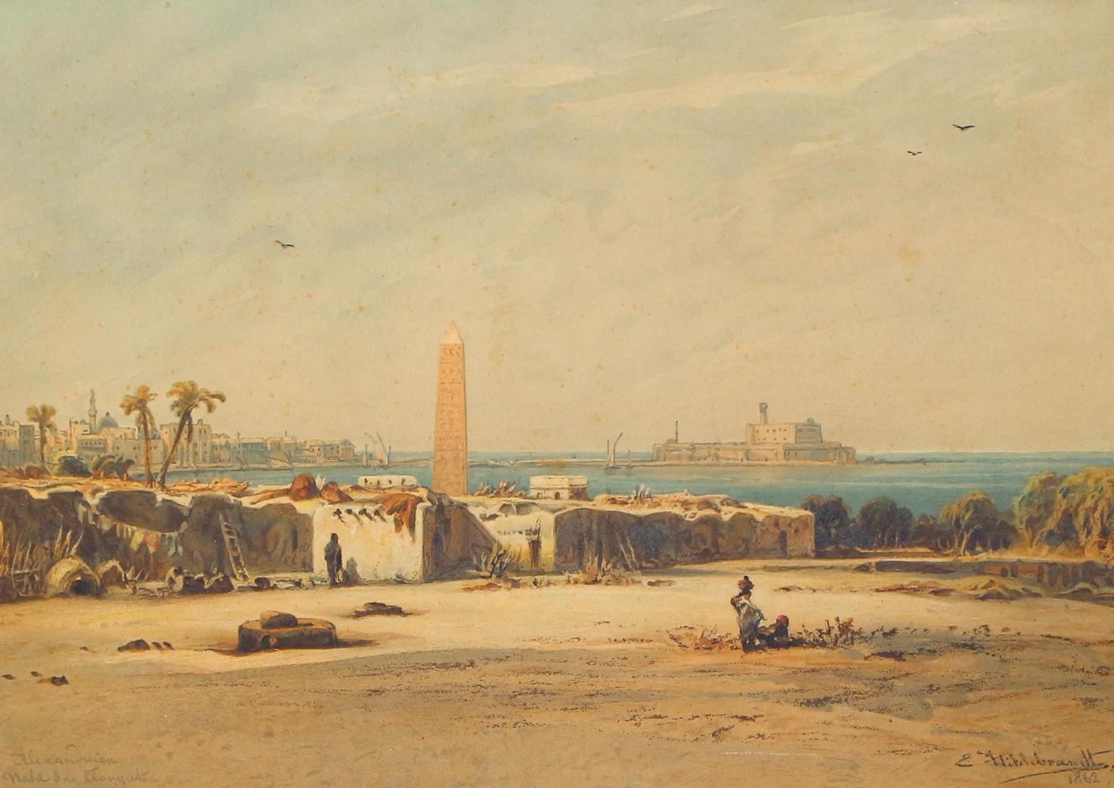 Hildebrandt, Eduard (1818年格但斯克-1868年柏林)。有方尖碑的亚历山大城。根据他收藏的一幅水彩画制作的彩色石版画：Die Reise&hellip;