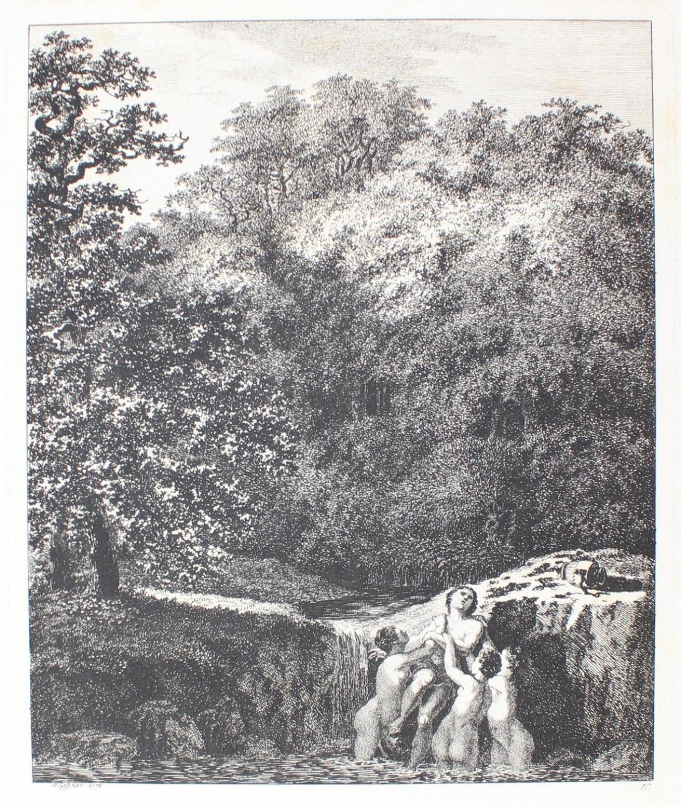 GESSNER, Salomon (1730 苏黎世 1788)。美丽的希拉斯被仙女们吸引到水中。蚀刻版画，1771年，平面约24x19.3厘米，对开约34x2&hellip;