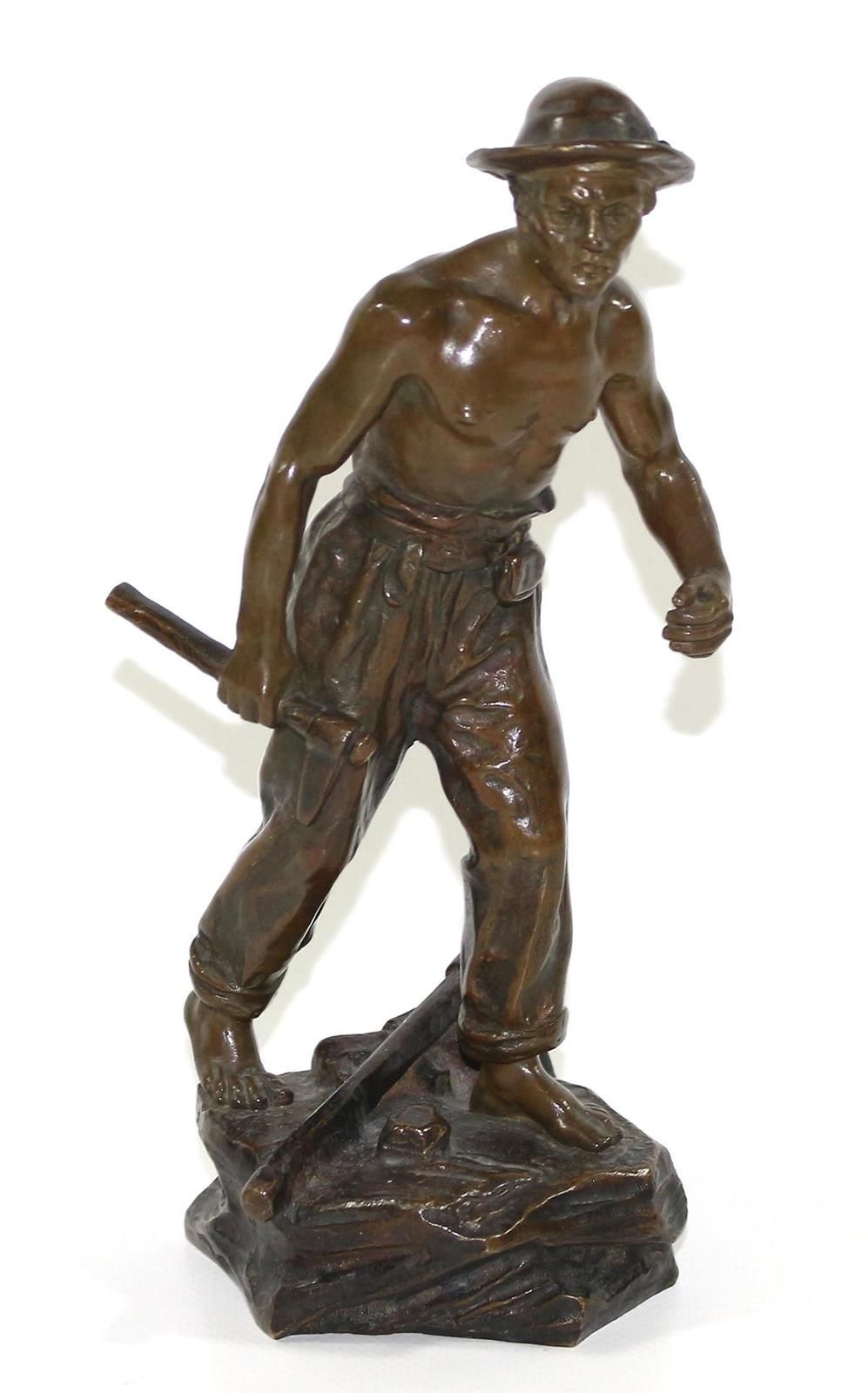 Carlier, Emil (1849 Cambrai - Paris 1927). Miner with pickaxe. Brown patinated b&hellip;