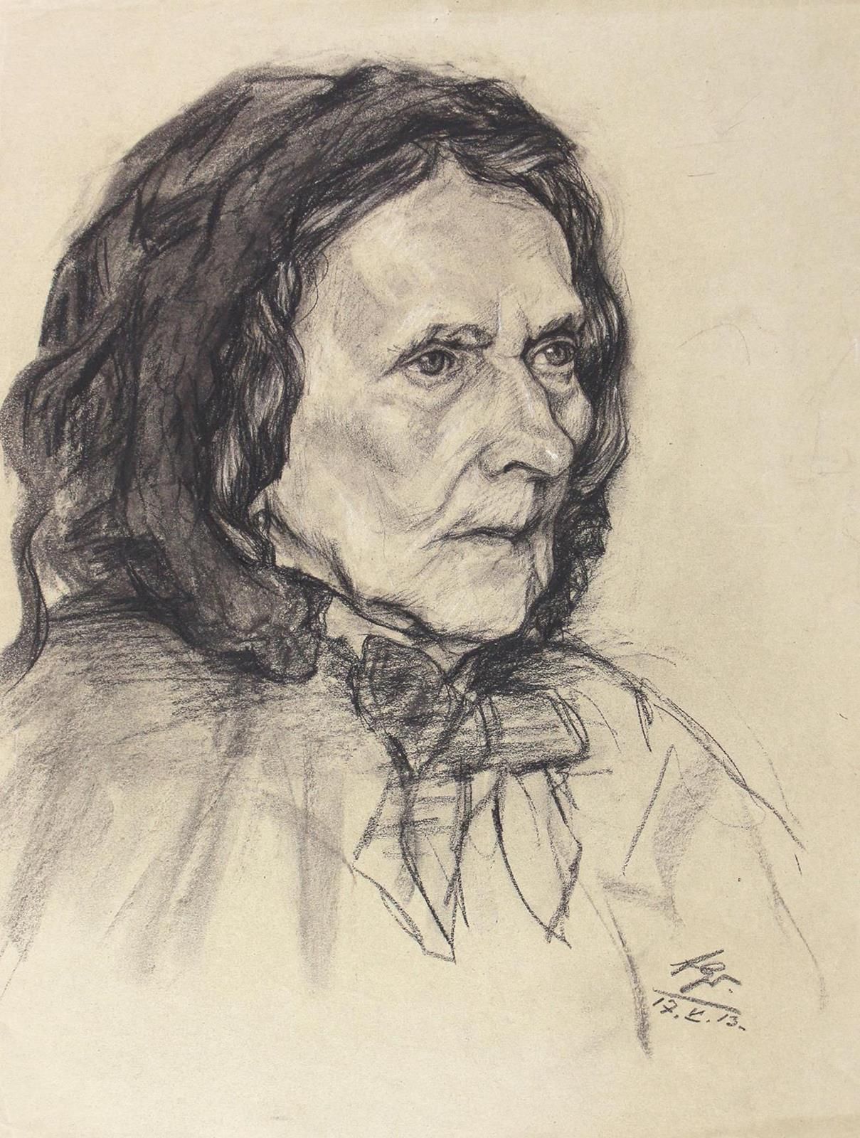 Unbekannter Künstler. 2 portraits. Older woman, middle-aged man. Charcoal. 1913.&hellip;