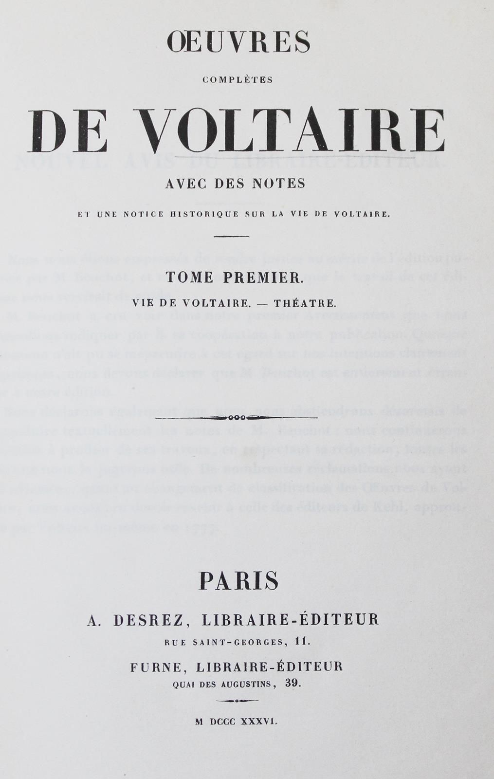 Voltaire,(F.M.A.De). Oeuvres completes avec des notes.12卷。巴黎，Desrez u. Furne 183&hellip;