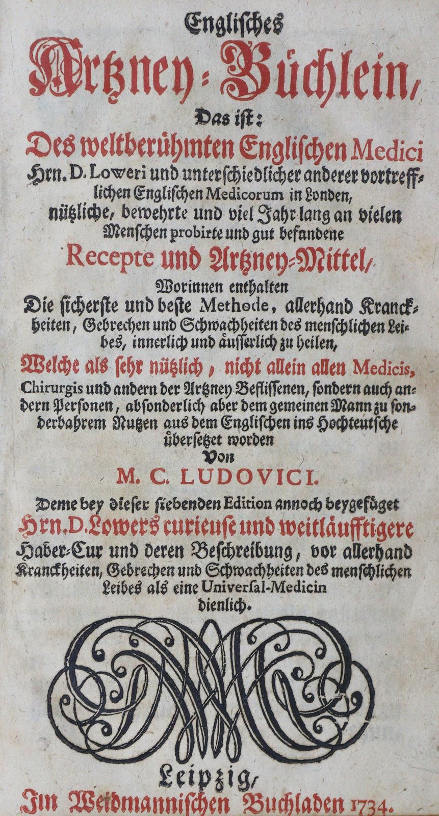 Englisches Artzney-Büchlein. 3 t. En 1 vol. Lpz., Weidmann 1723-34. Avec 1 portr&hellip;