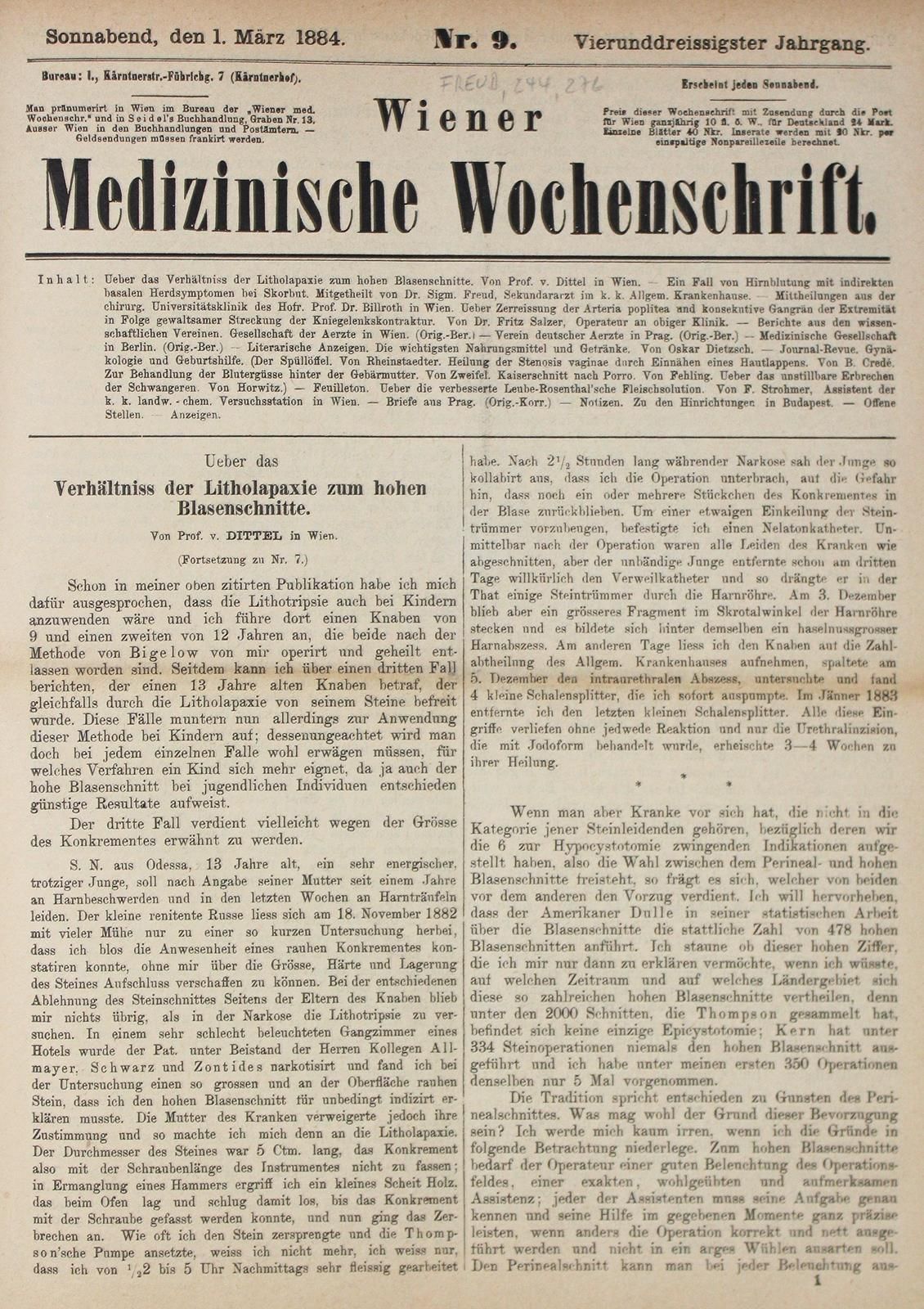 Freud,S. 坏血病脑出血伴间接基底灶症状一例。首次发表于：《Wiener medizinische Wochenschrift》，第34卷，第9期，第24&hellip;