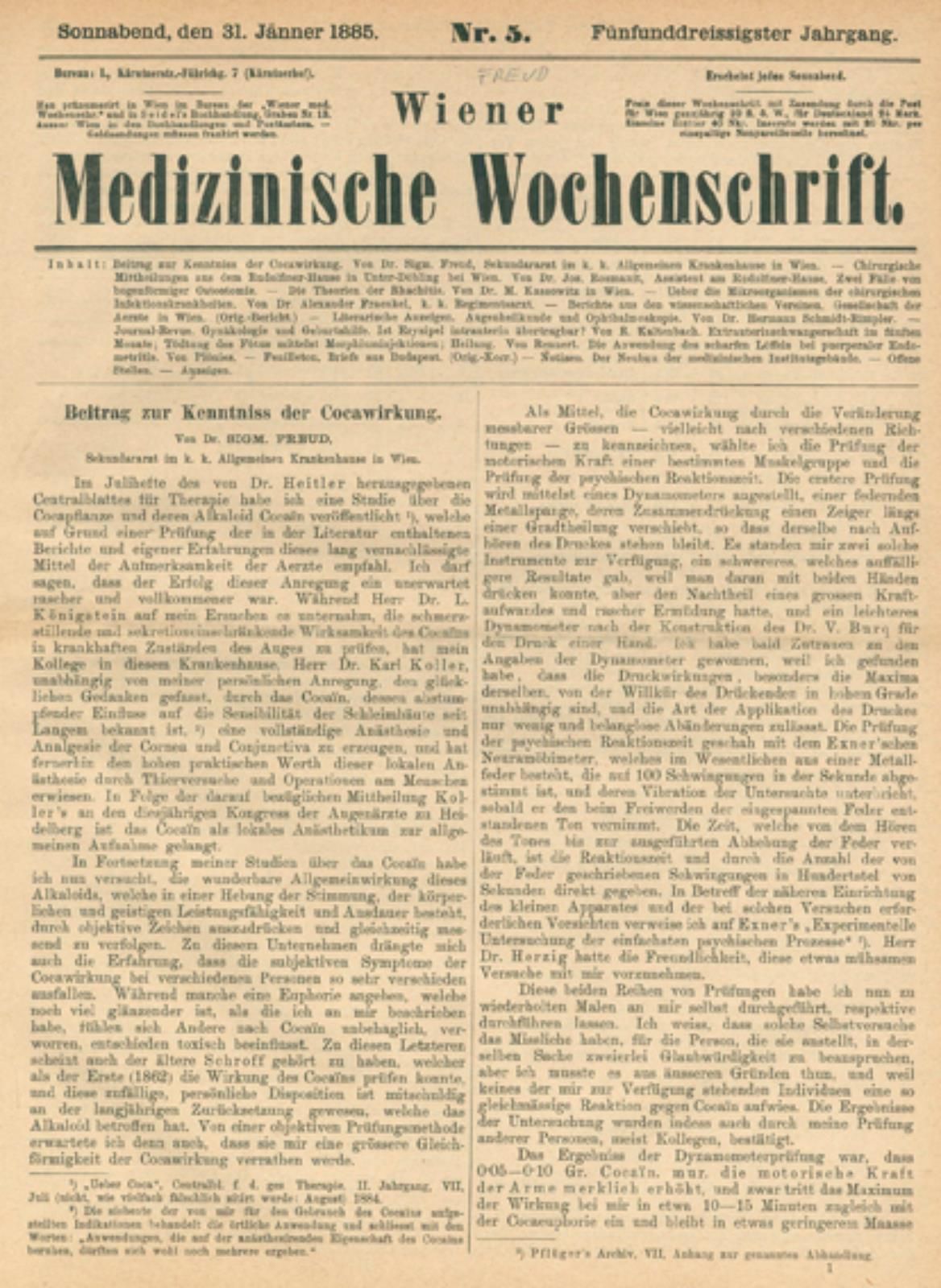 Freud,S. 对古柯效应知识的贡献。首次印刷于: Wiener medizinische Wochenschrift, Jg. 35, Nr. 5, Sp.&hellip;