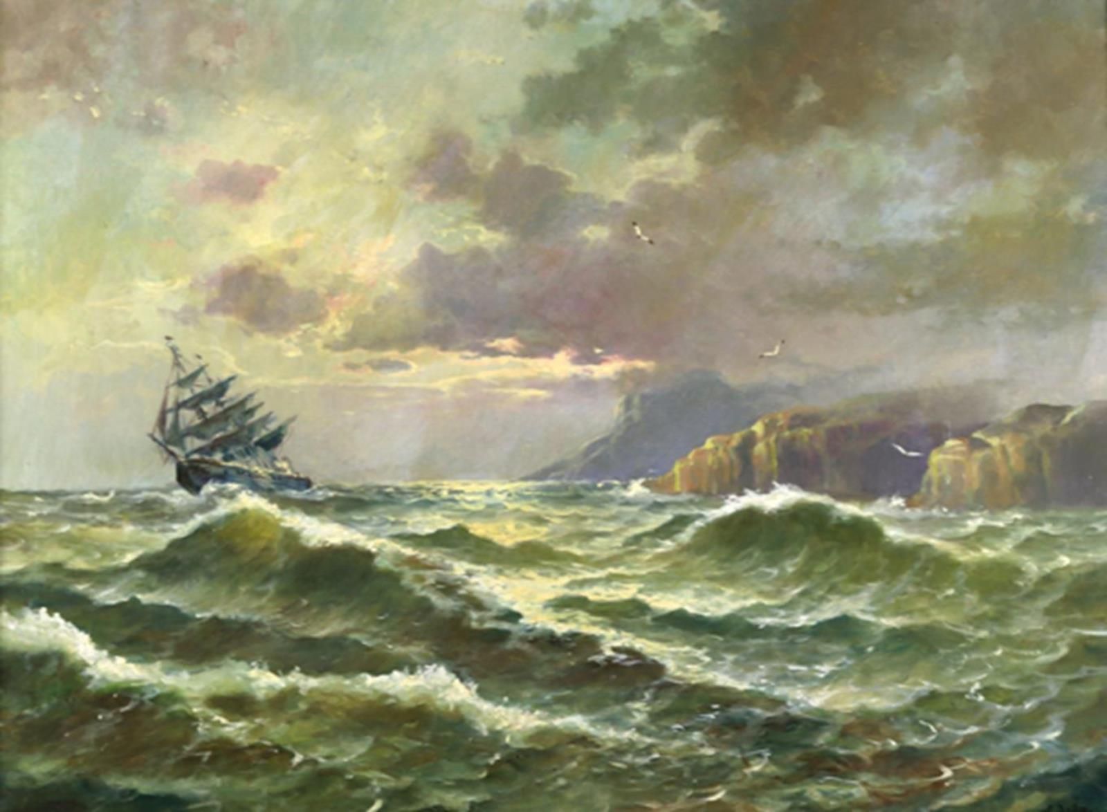 John, A. (19/20世纪，英国)。在暴风雨的海面上翻滚着的三桅帆船，左边是岩石的海岸。布面油画。58 x 78厘米。右下方有签名。有框。- 下方。有小&hellip;
