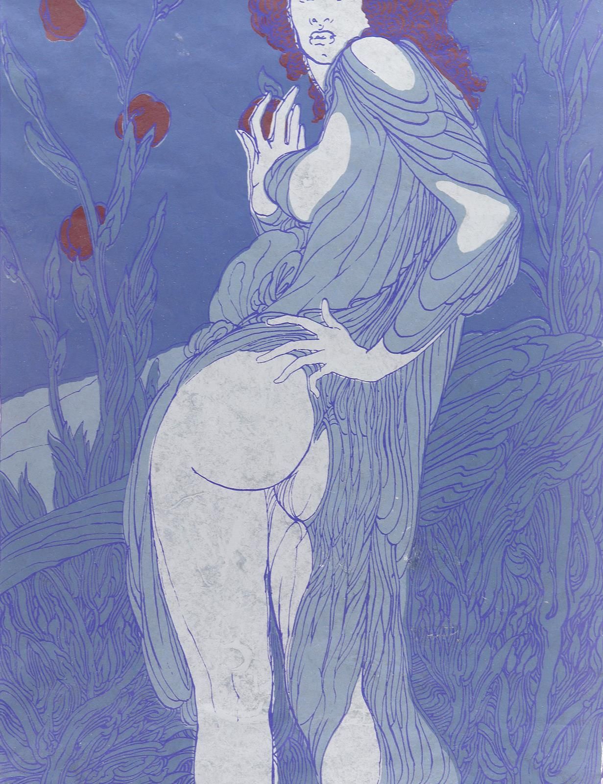 FUCHS, Ernst (1930 Vienna 2015)。裸体站立。日本上的彩色绢印画。约43 x 34厘米，纸张约65 x 50厘米。右下角有铅笔签名，&hellip;