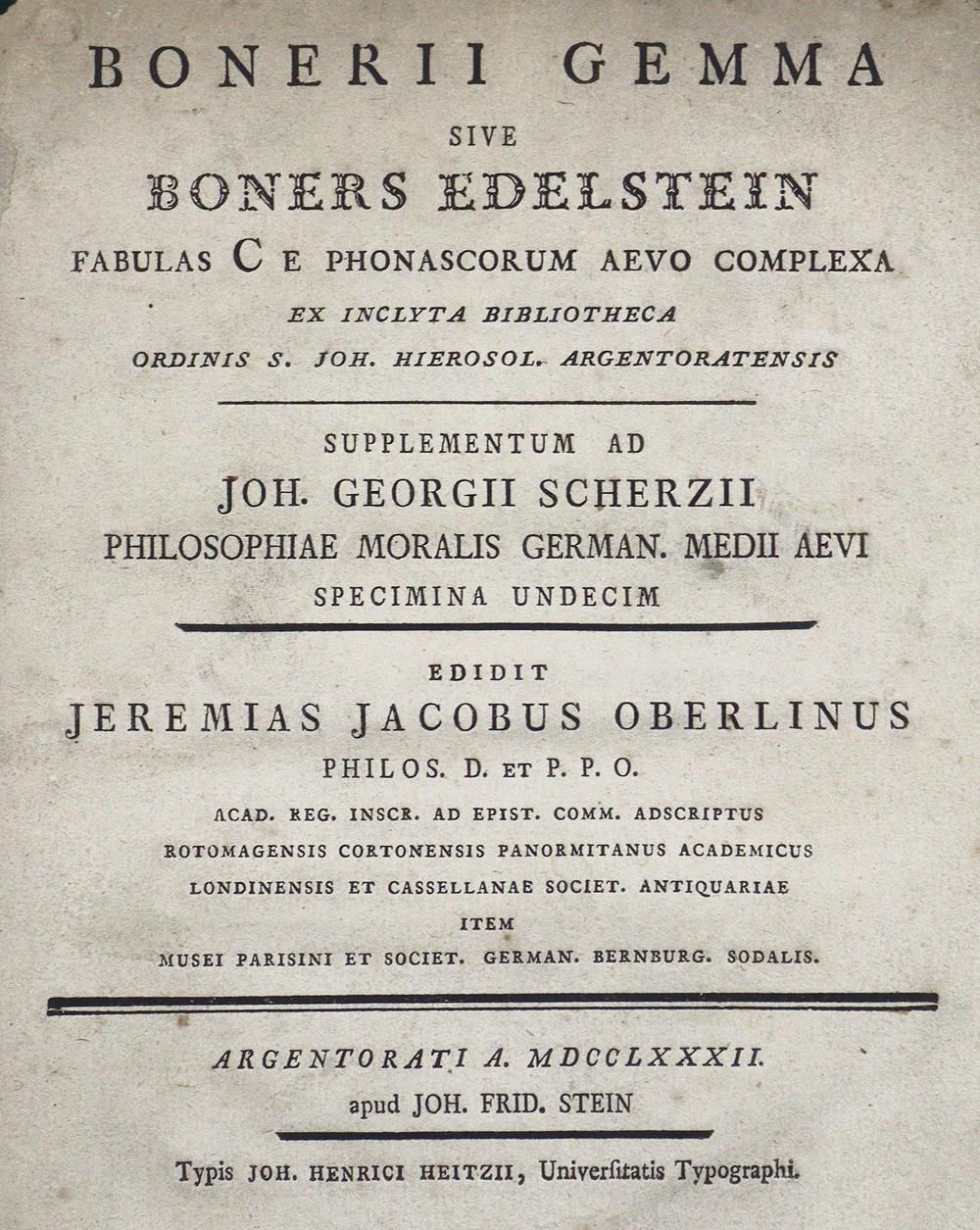 Oberlin,J.J. Bonerii Gemma sive Boners Edelstein fabulas C e phonascorum aevo co&hellip;