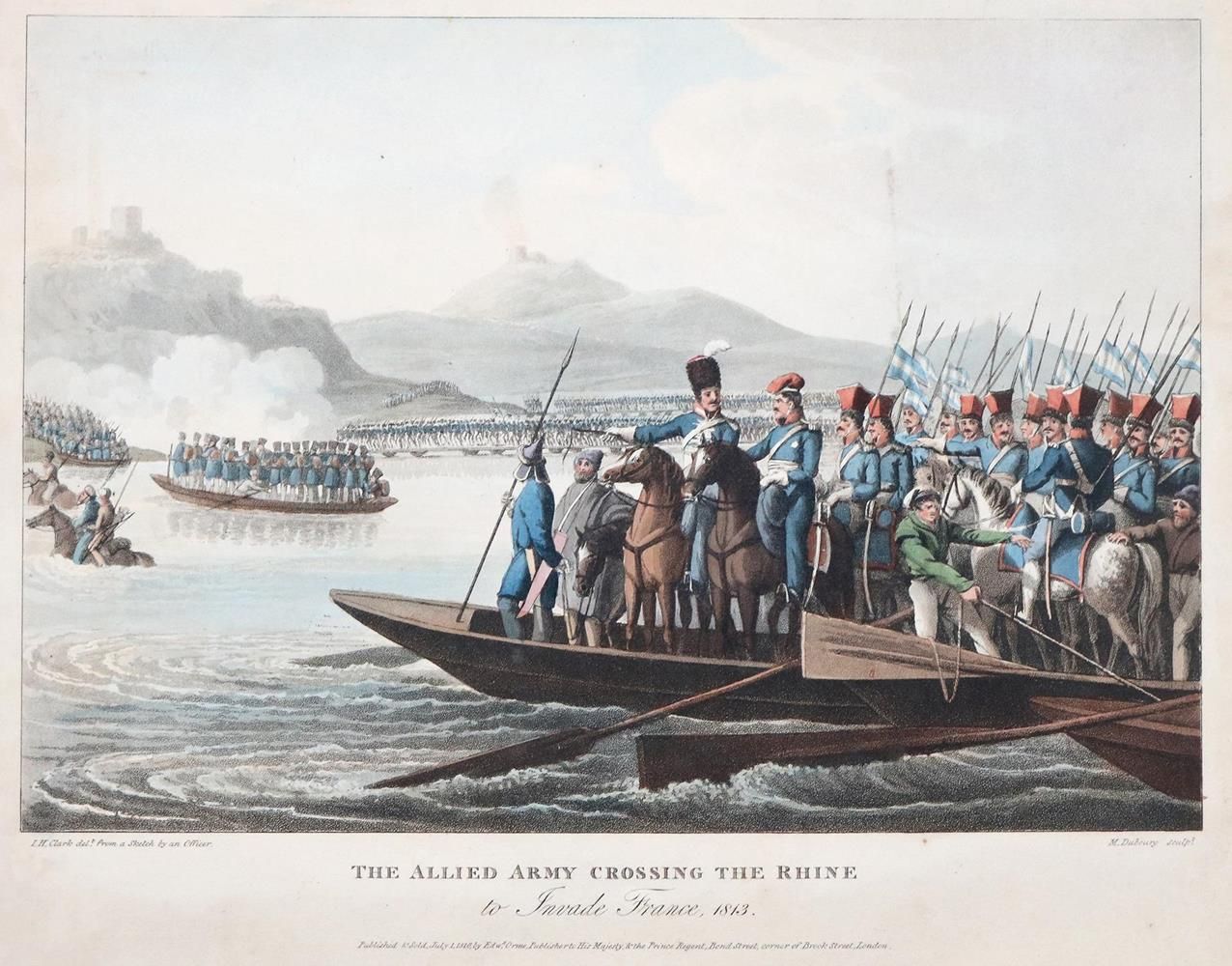 Militaria. The allied army crossing the Rhine to inv. France. Aquatint c. 1810. &hellip;