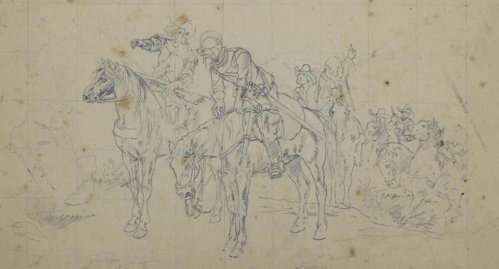 Vogel, Hugo (1855年马格德堡-1934年柏林）归属。武装的骑兵。铅笔画在网格上。约17 x 21厘米。背面有写给乌戈-沃格尔的老师维赫姆-索恩教&hellip;