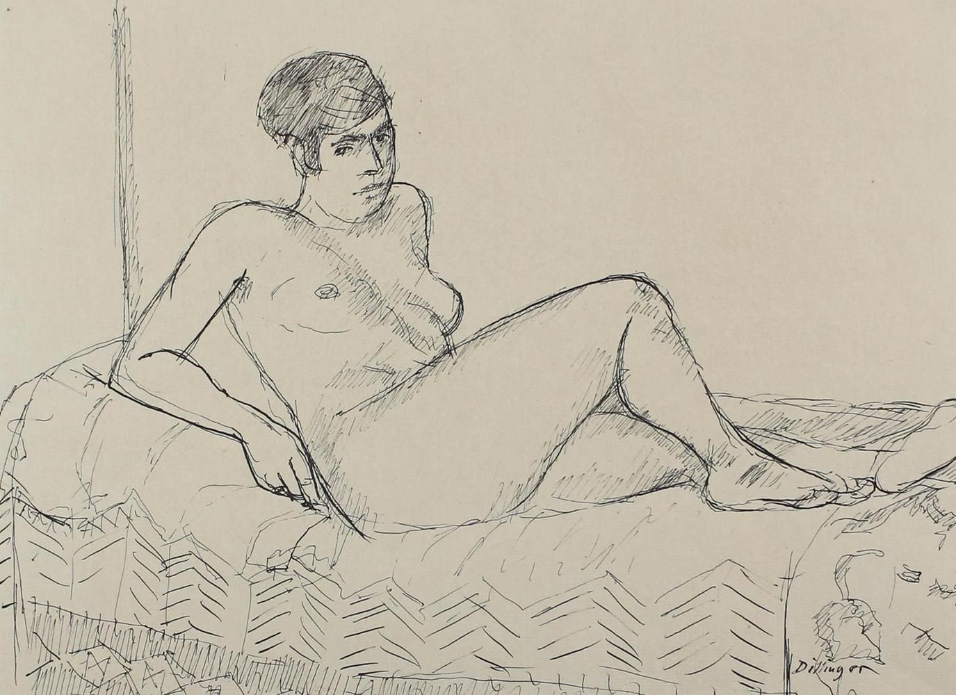 Dillinger, Karl (1882年卡尔文-迪尔姆斯坦1941年)。裸体女人，躺在床上。纸上水墨，约23 x 31厘米，右下角有签名，装在一个帕斯普下。&hellip;