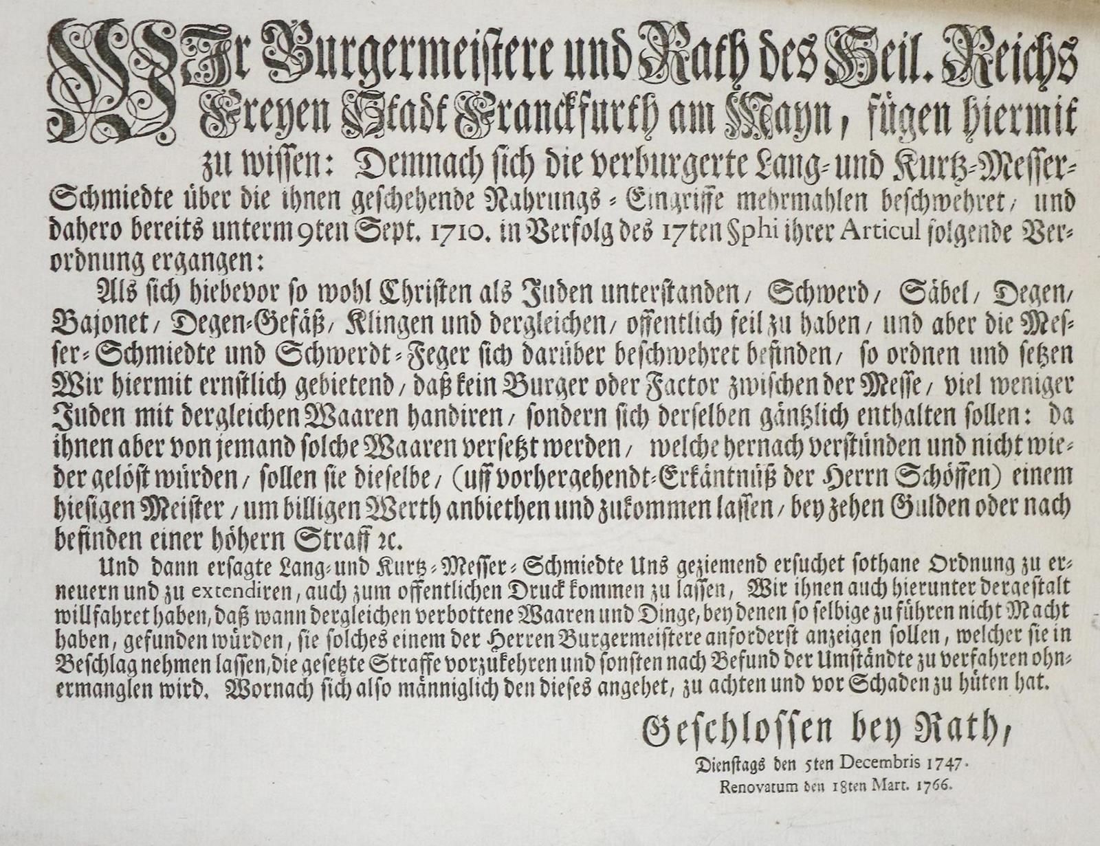 Frankfurt am Main. 10 张法令大报。法兰克福，18 世纪。大部分约 21 x 34 厘米。- 背面下角均盖有收藏者印章。 主题：皮匠行业、刀&hellip;