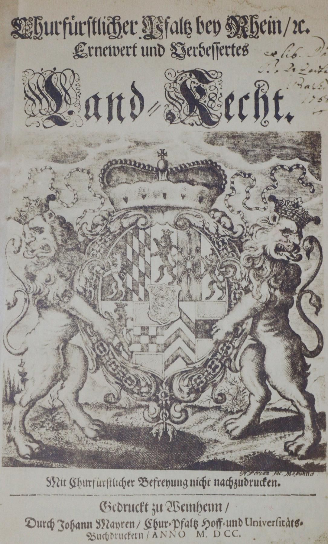 Churfürstlicher Pfalz Bey Rhein, c. 更新和完善土地法...(和：土地令）。2 vols. In 1 vol.Weinheim&hellip;