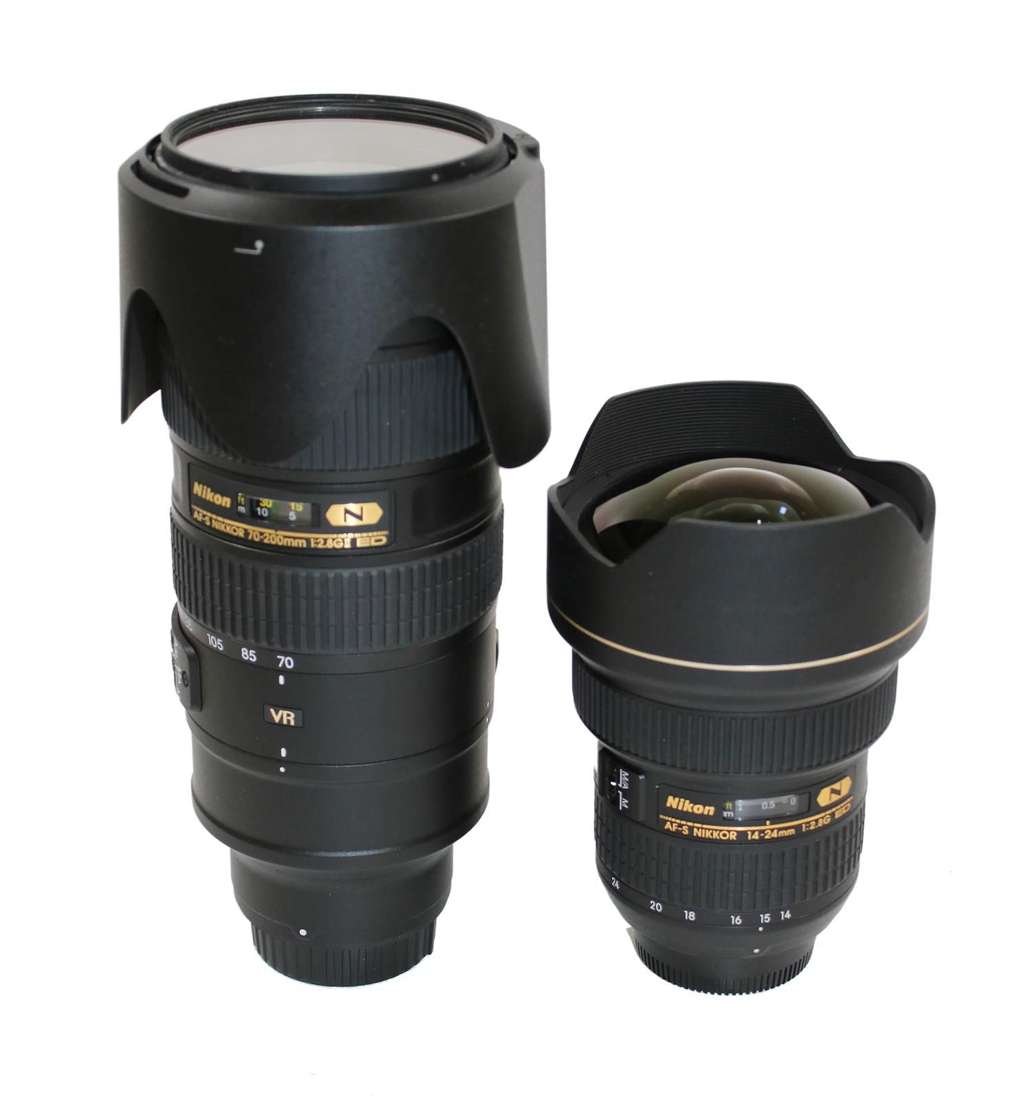 Zwei Nikon Photoobjektive. AF-S Nikkor 70-200 mm f/2.8 and AF-S Nikkor 14-24 mm.&hellip;
