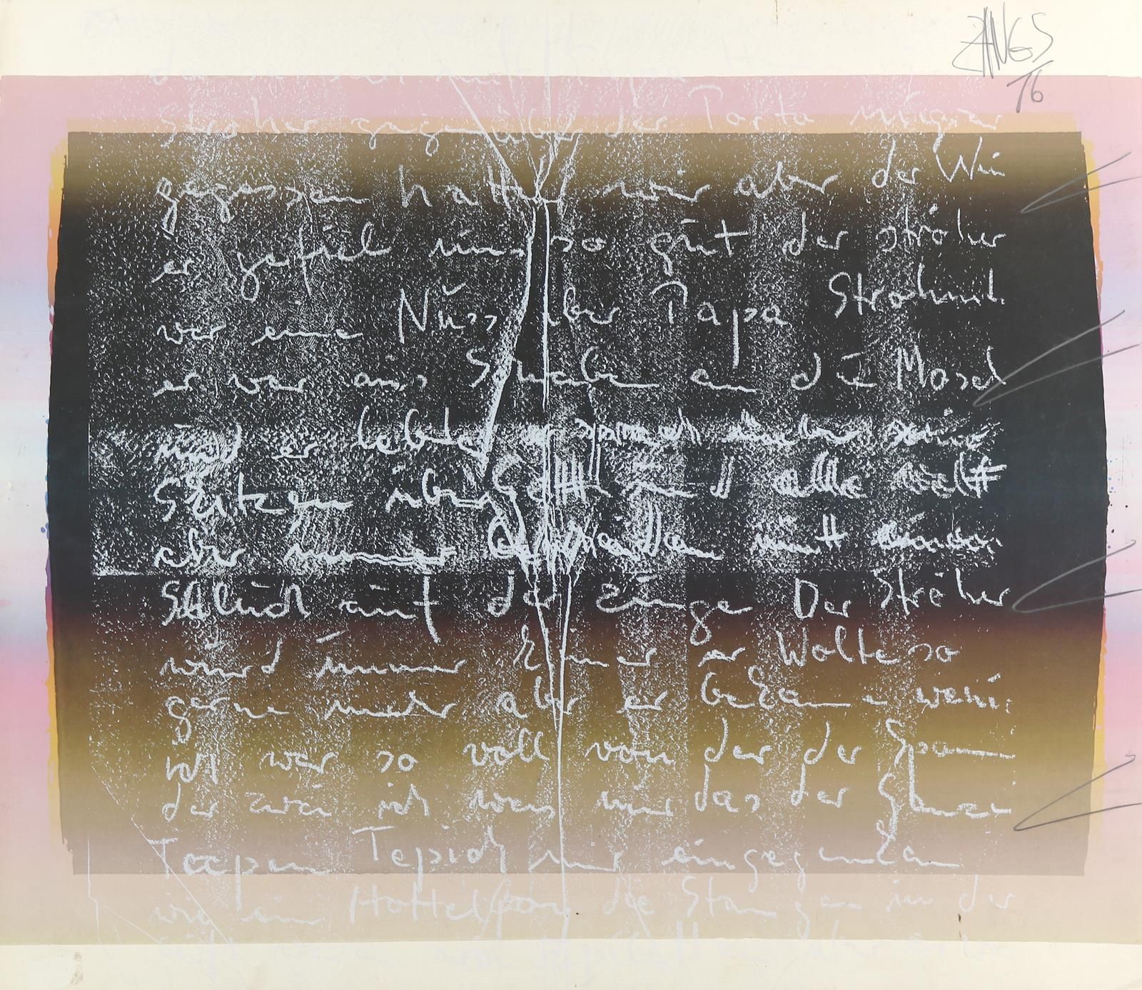 Zangs, Herbert (1924 克雷菲尔德，2003 年）。无题。纸板彩色绢画，部分用铅笔重新创作。(19)76. 55 x 63 厘米。右上方有签名&hellip;