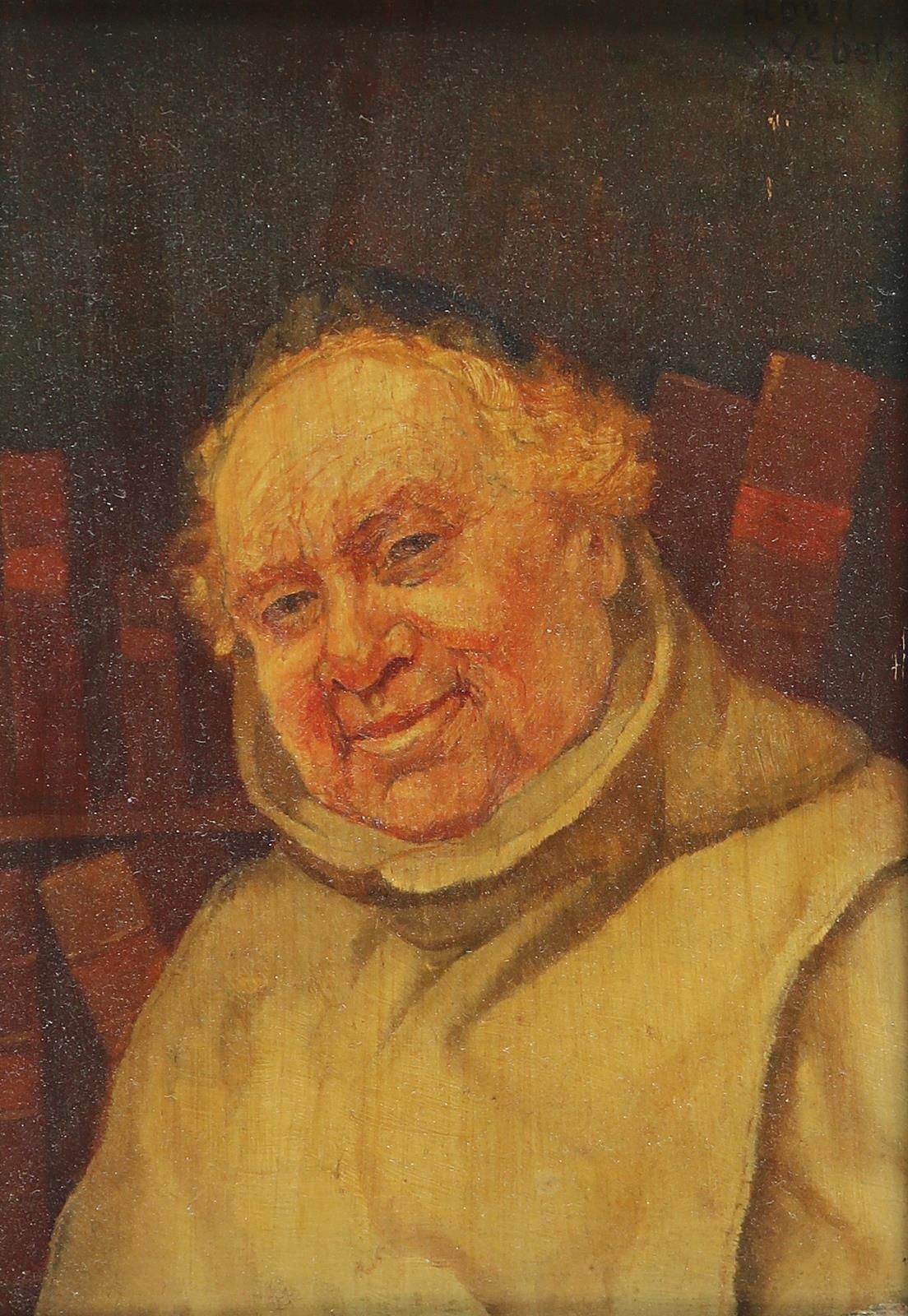 Weber,Albert, r.O.Sig. ，"图书馆中的僧侣肖像"，油画/木，20.5 x 14 厘米。 D