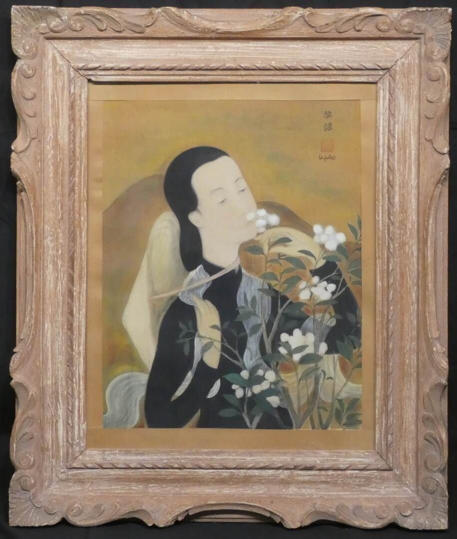 Null LÊ PHÔ (1907-2001) "Jeune femme à la robe vietnamienne" Gouache et encre su&hellip;