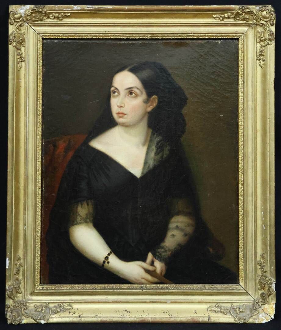 Null Ecole française du XIX° siècle "Femme à la mantille" Huile sur toile 40 x 3&hellip;