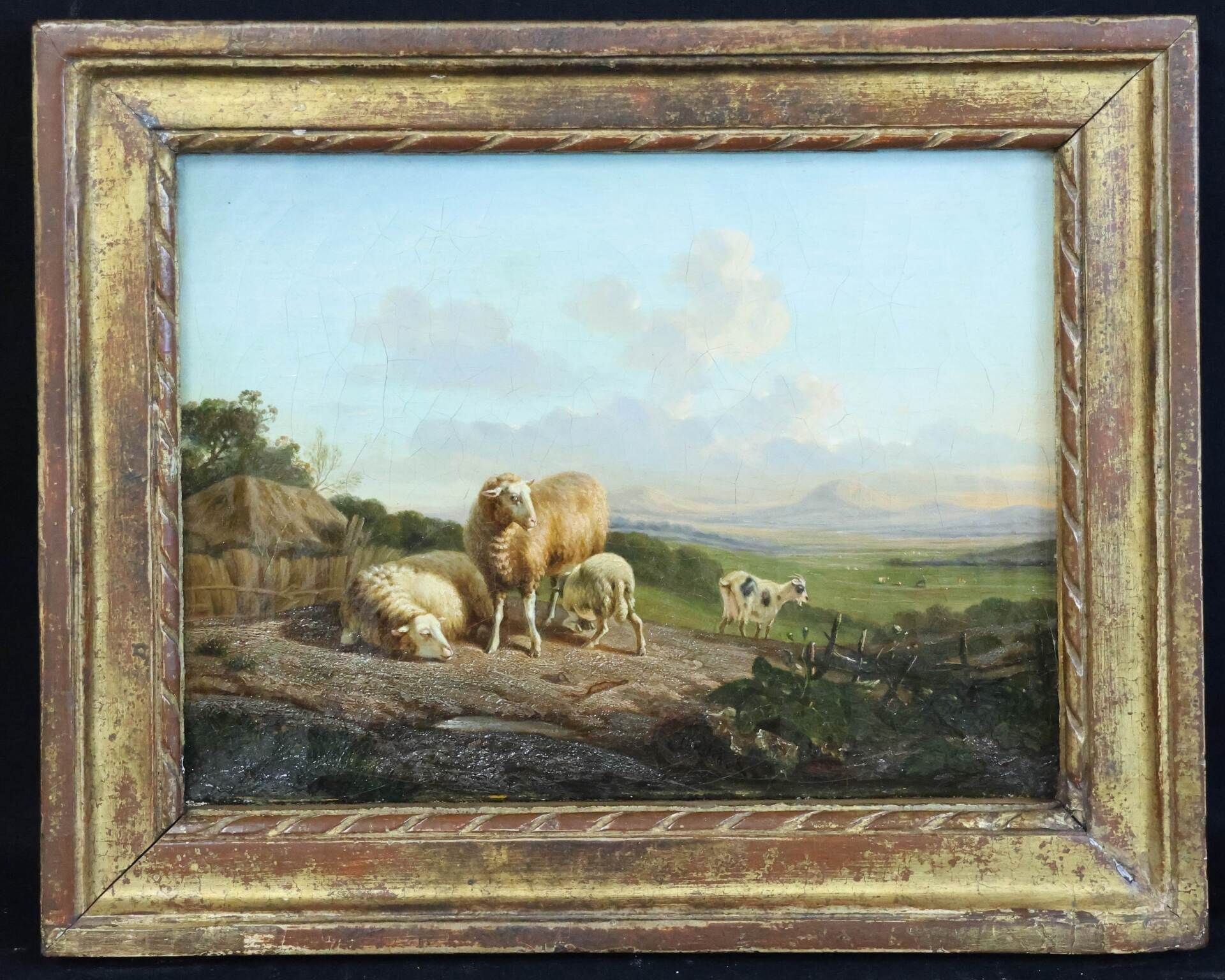Null Ecole française du XIX° siècle "Paysage aux moutons" Huile sur toile signée&hellip;