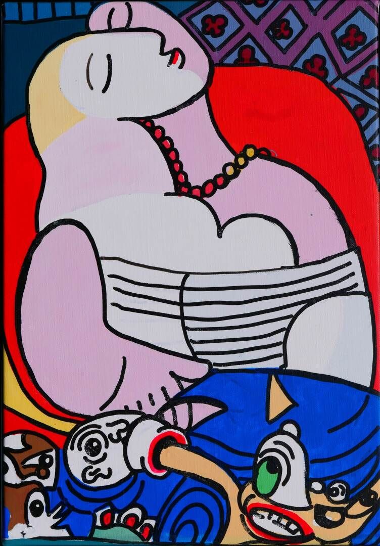 Null Gudmundur ERRO (1932) "戴红色项链的女人" 布面油画，背面有签名和 1995 年的日期 55 x 38 厘米 ***** 提交竞&hellip;