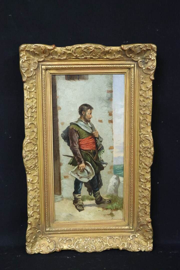 Null École française du XIX° siècle "Mousquetaire" Huile sur toile signée en bas&hellip;