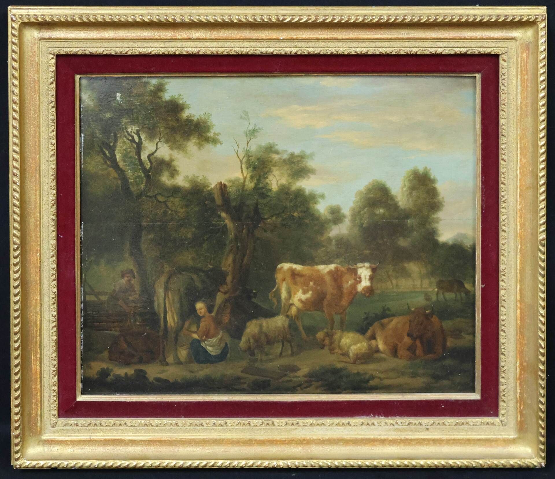 Null École française du XIX° siècle "La traite" Huile sur panneau 39 x 49 cm (lé&hellip;