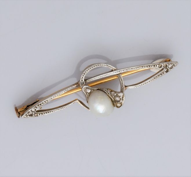   Broche Art Nouveau en or deux tons 750°/00 (18K), sertie d'une perle baroque e&hellip;