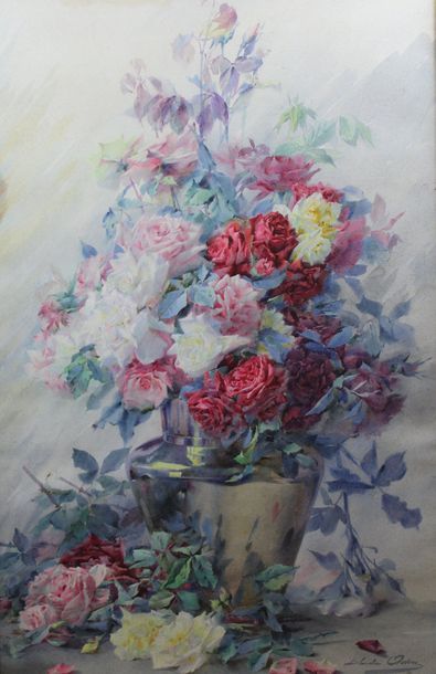 Null Blanche ODIN (1865-1957) : « Grand Bouquet de roses ». Aquarelle signée en &hellip;