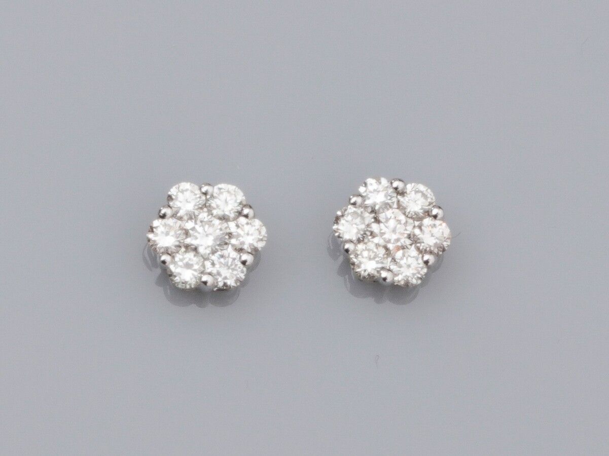 Null 一对圆形耳环，750°/00（18K）白金，镶嵌明亮式切割钻石。直径：5.2毫米。1,3 g.鹰的头部冲。