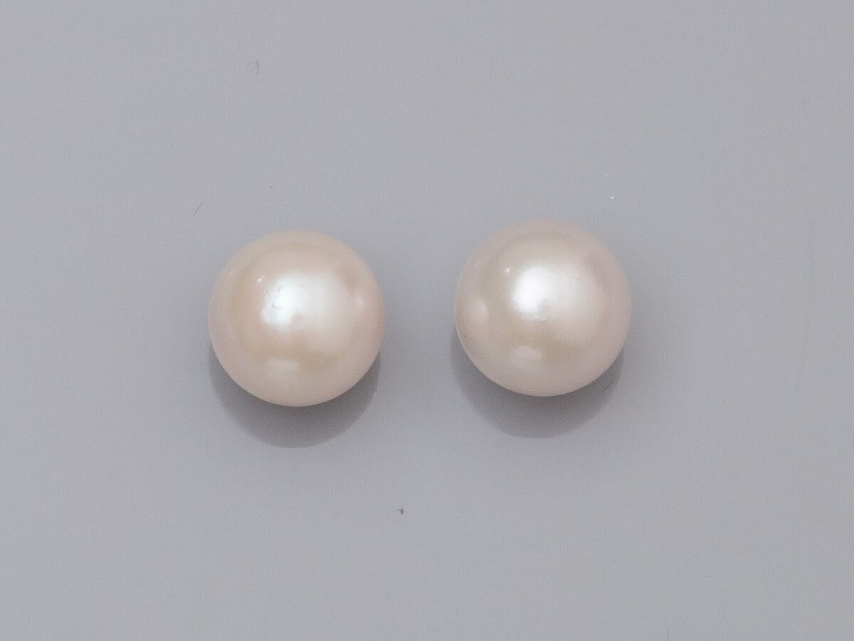 Null 一对耳环，各镶嵌一颗Akoya养殖珍珠。直径7.5/8毫米。750°/00（18K）黄金表柄和表扣。2.0 g