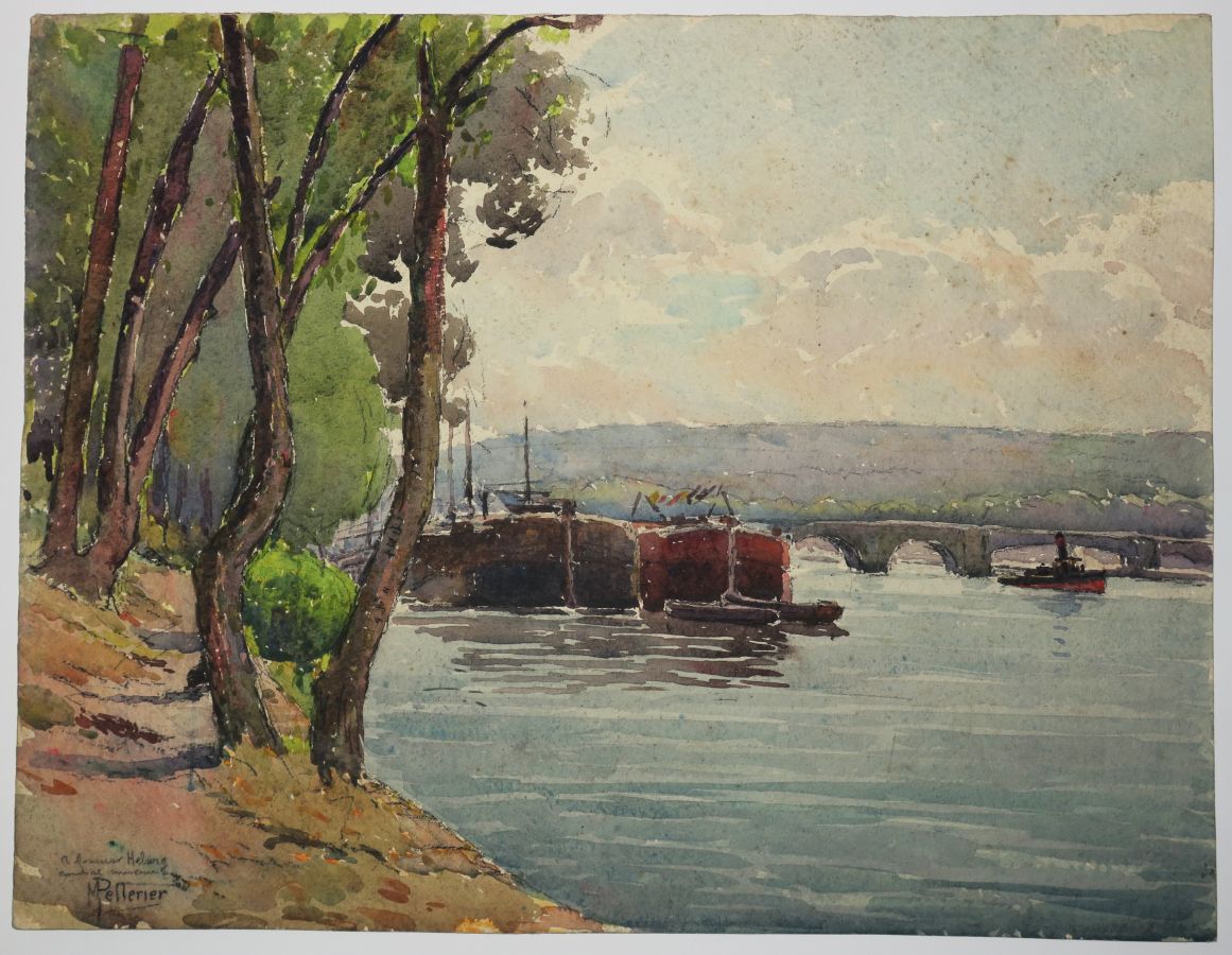 Null PELLERIER Maurice (Paris 1875 - 1962) - [Péniches sur le fleuve]. Aquarelle&hellip;