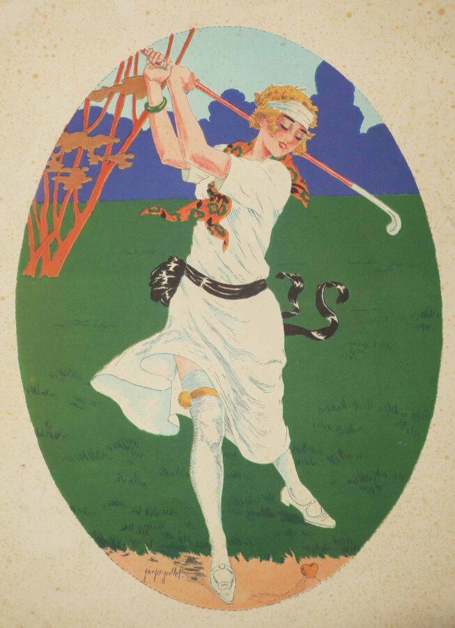 Null GRELLET Georges (1869 1959) - "La joueuse de golf". C.1920. Pochoir. Signé &hellip;