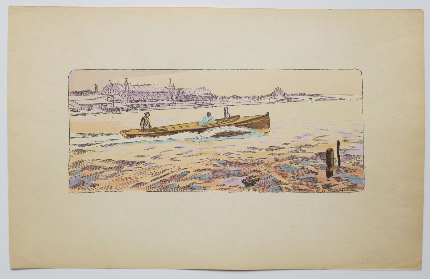 Null LOCOMOTION - MONTAUT Ernest (1878-1909) - [Barque sur la Seine]. Pochoir or&hellip;