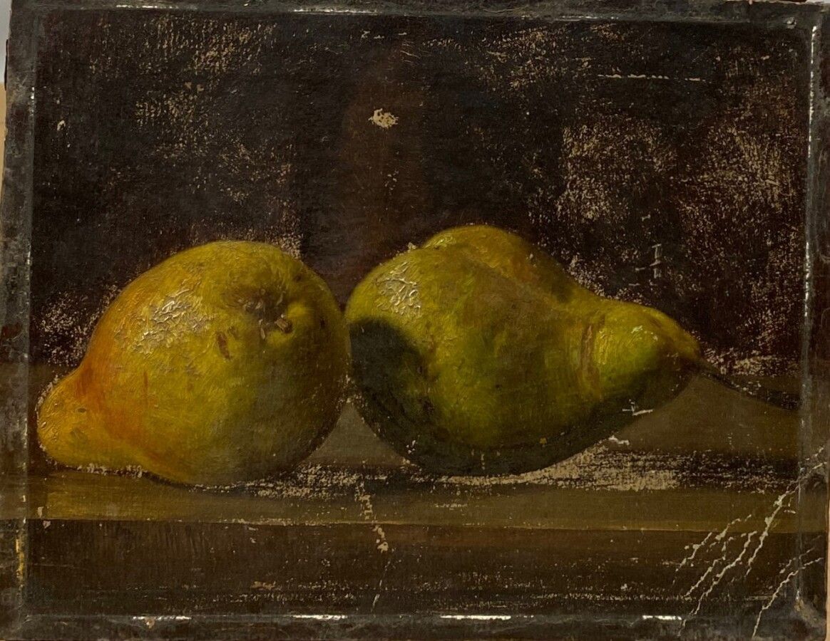 Null 19世纪的法国画派："梨子静物"。粘贴在纸板上的布面油画。磨损，丢失，有针孔。23 x 29,5 cm
