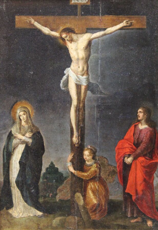 Null 弗朗肯-小弗朗斯二世（工作室）（安特卫普1581年至1642年）：《受难记》。在十字架脚下的是圣母、圣约翰福音书和抹大拉的玛丽。在背景中，左边是耶路撒&hellip;