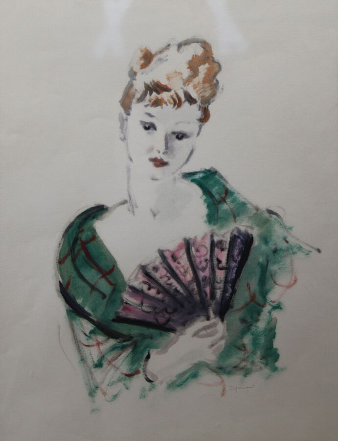 Null DIGNIMONT André，1891-1965，拿着扇子的女人，纸上水粉画（绝缘），右下角有签名，64x49厘米。